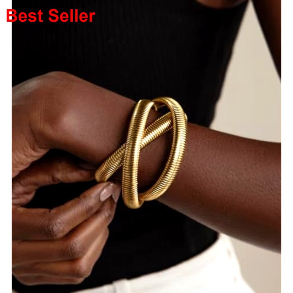 Chunky Gold Bangle Bracelets, Stackable Chain Set… - image 6